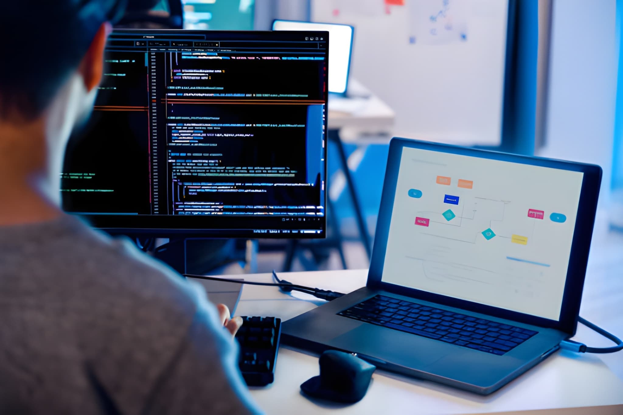 Developer writing code across dual monitors