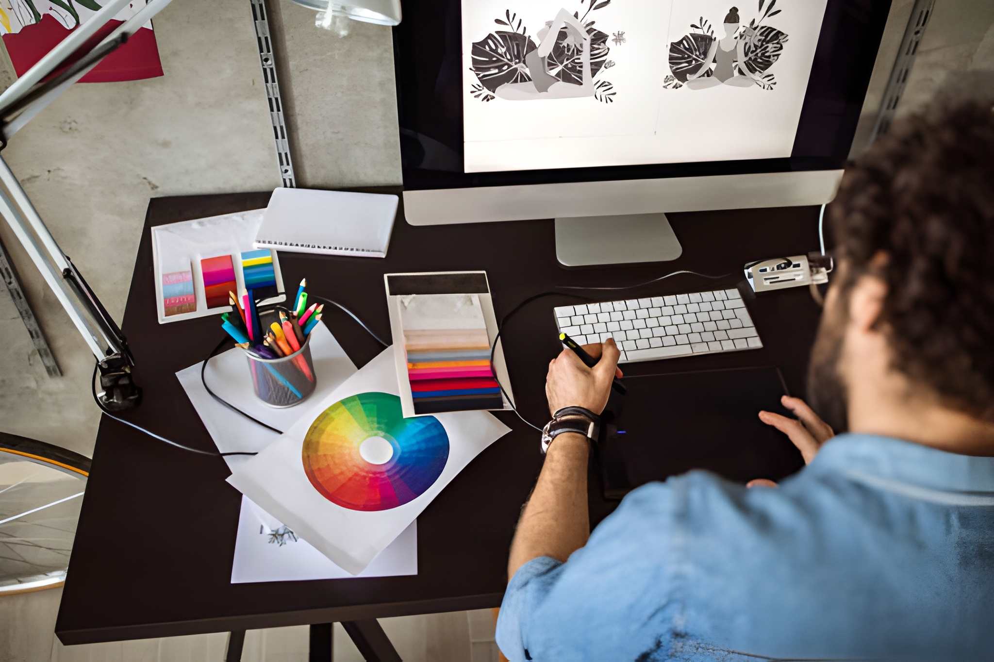 Designer working at a desk surrounded by color swatches